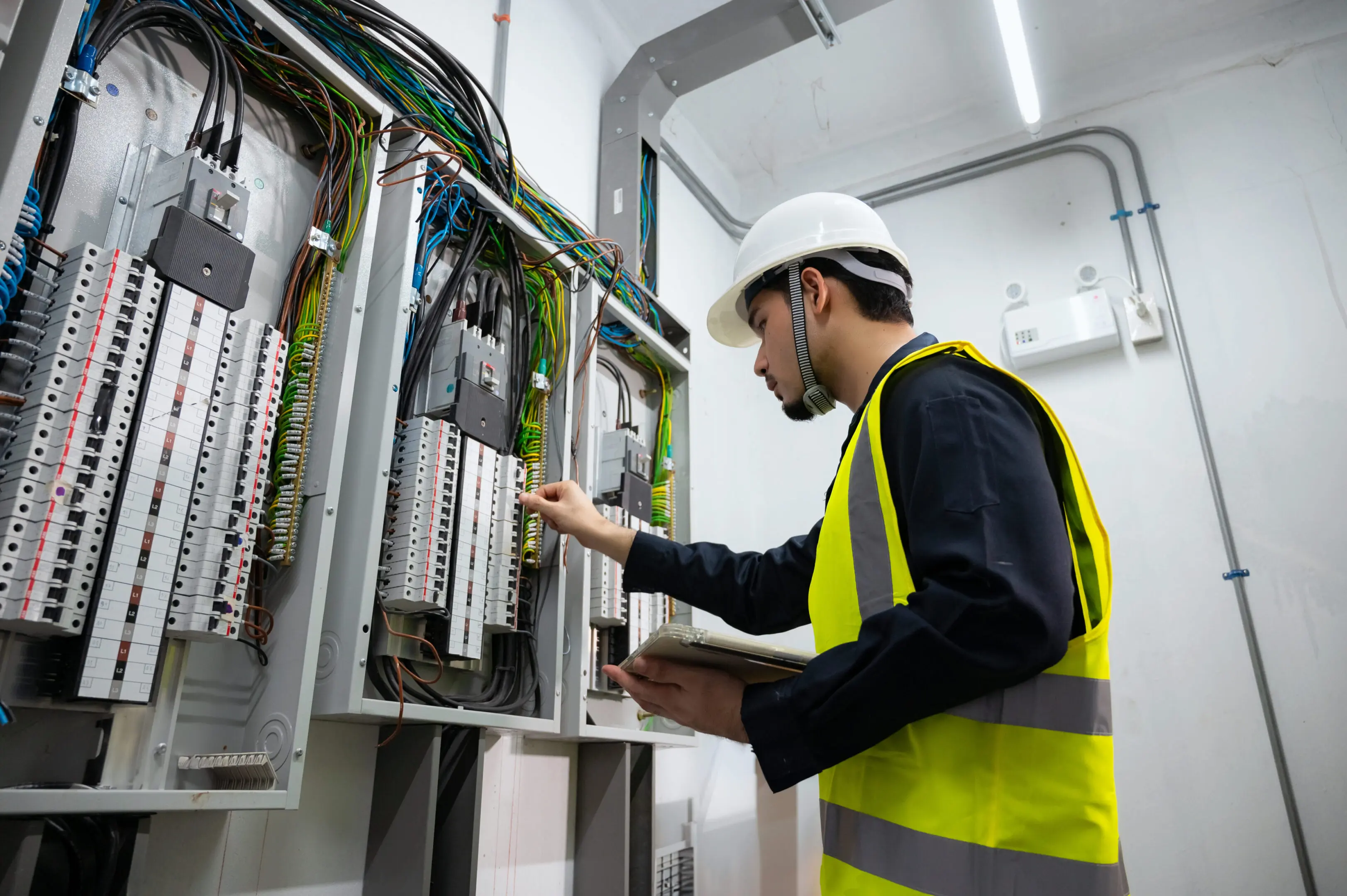 Technician working on electrical panels