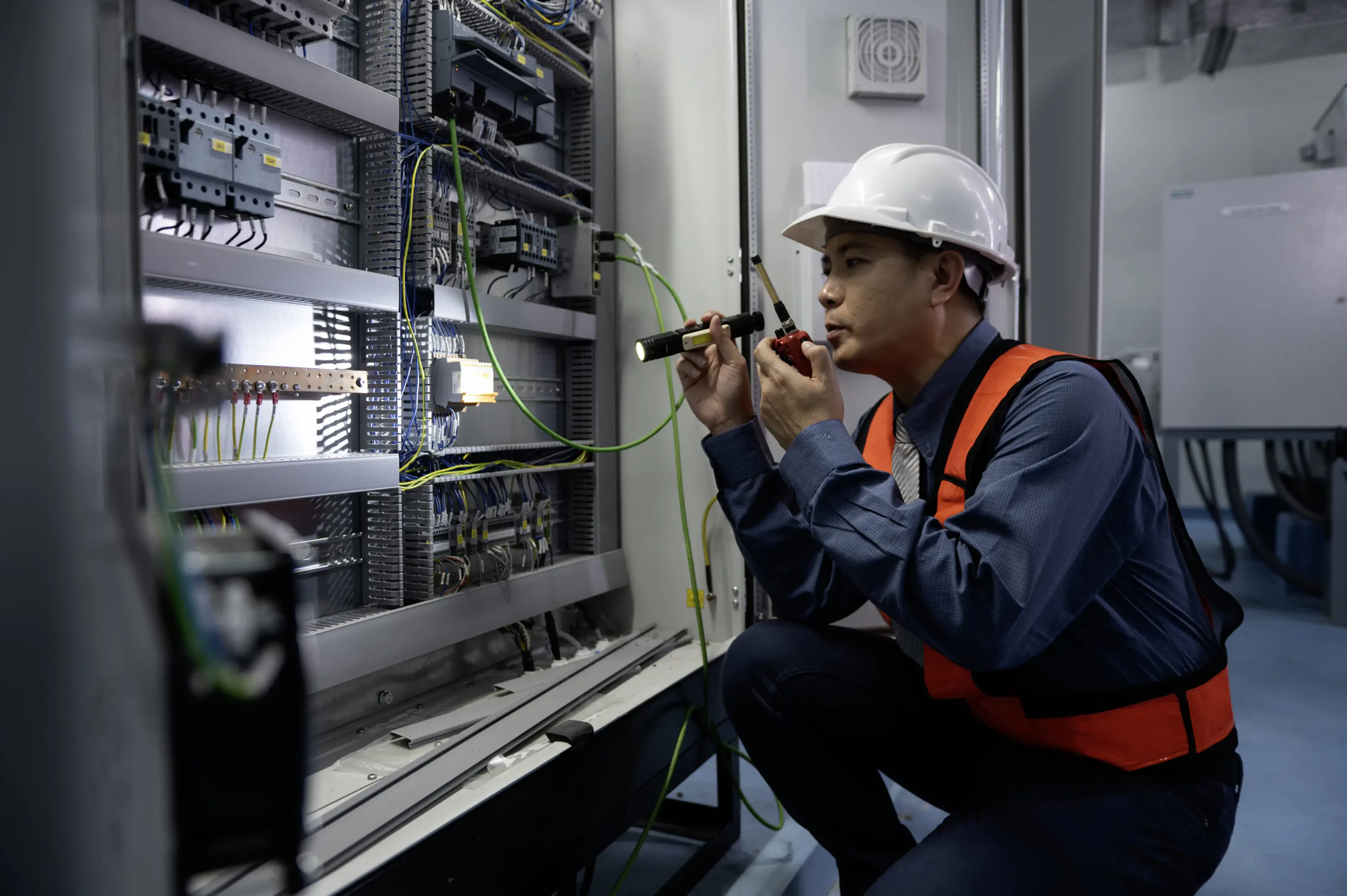 Technician examining control panel wiring