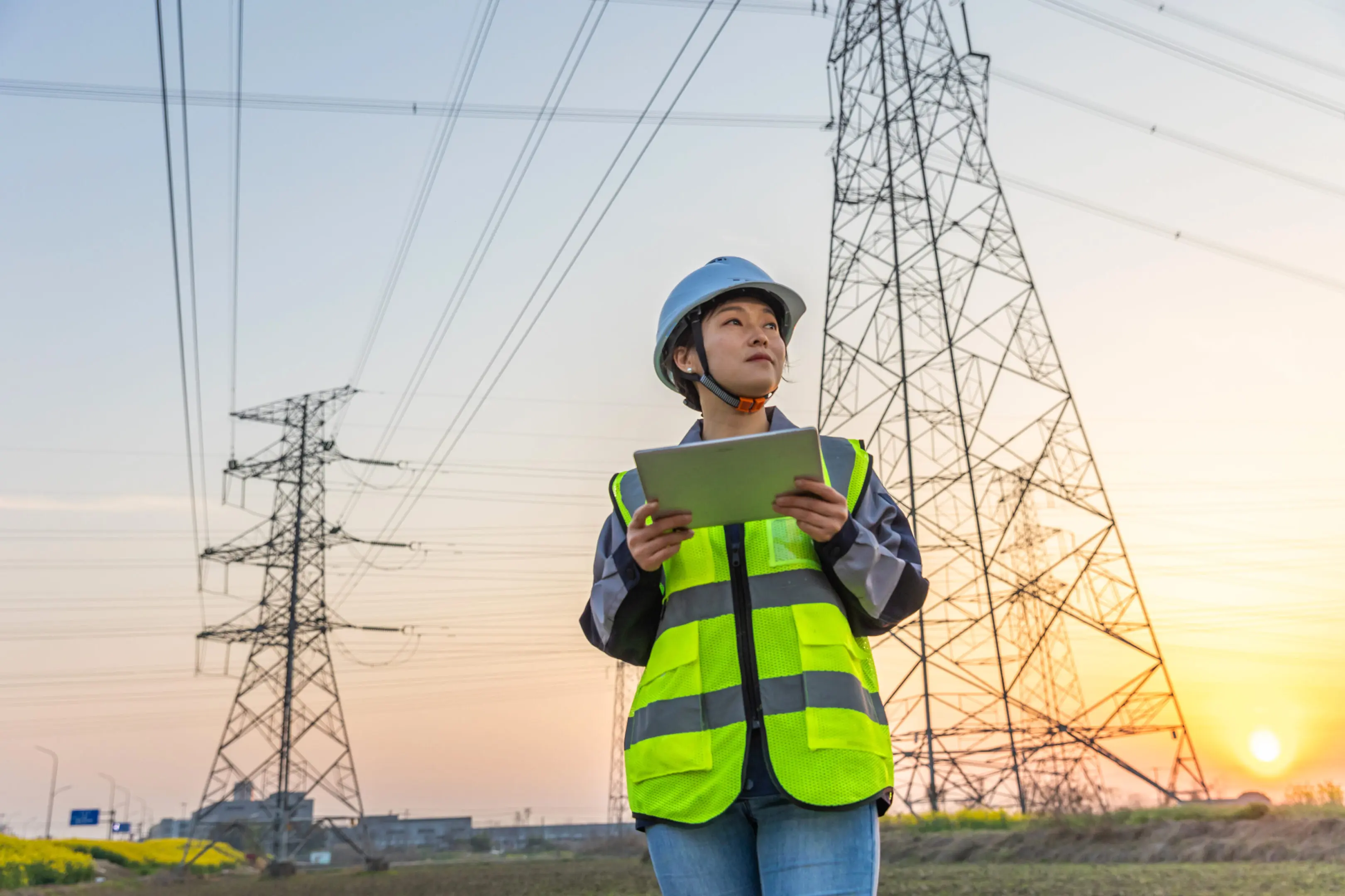 Worker in hard hat near electrical towers