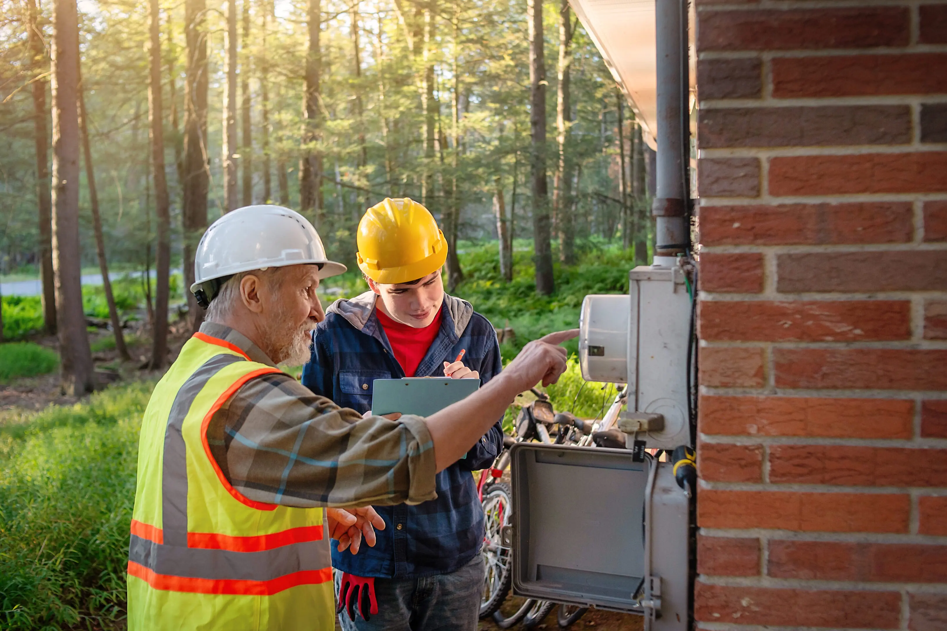 Workers inspecting outdoor electrical meter box