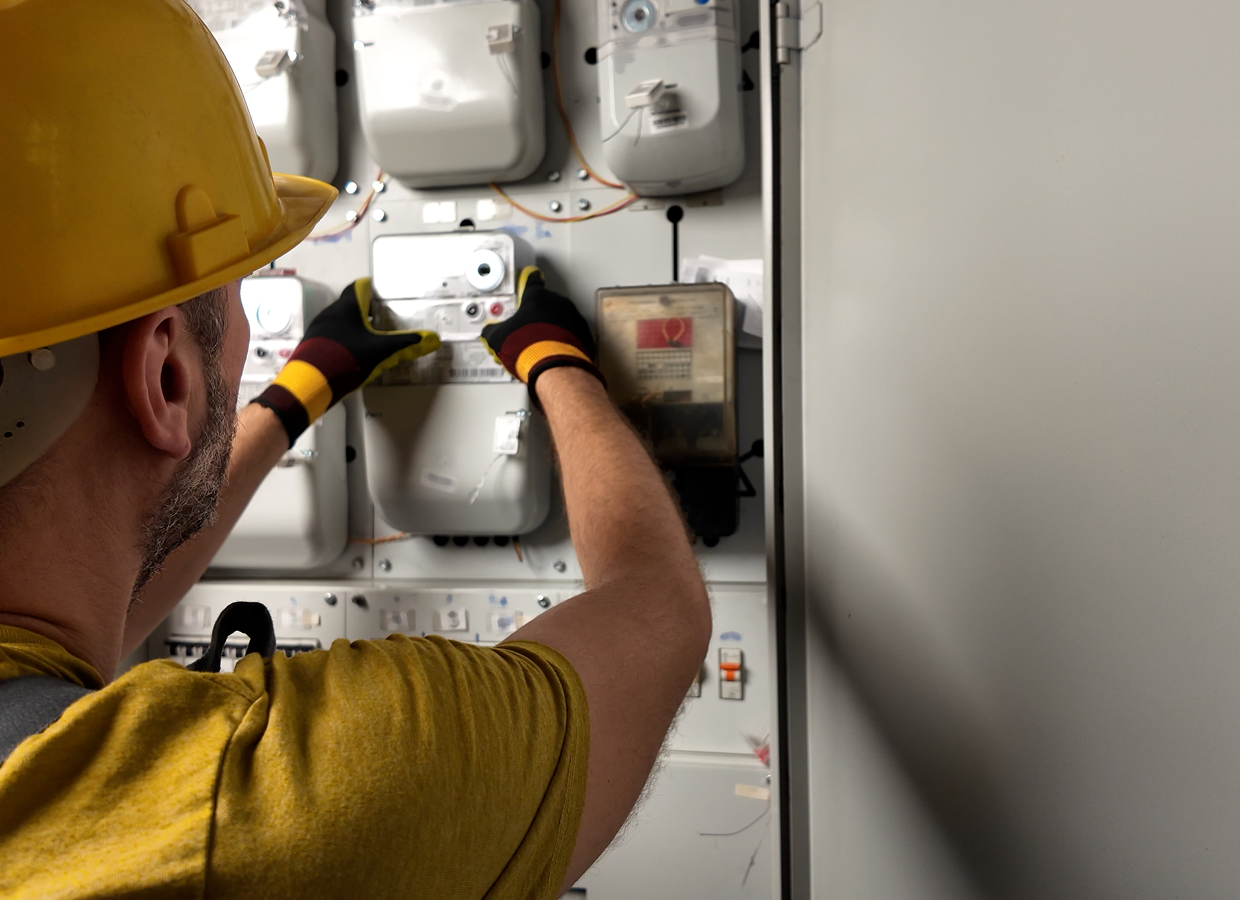 Electrician working on electrical panel