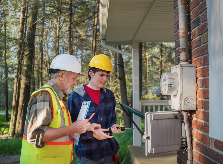 Construction workers checking a residential power meter.