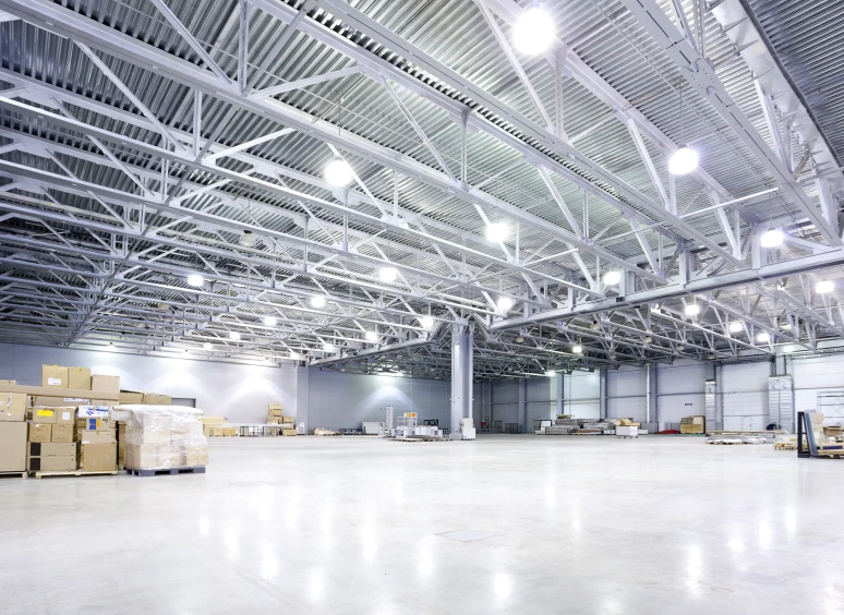 Spacious warehouse interior with boxes