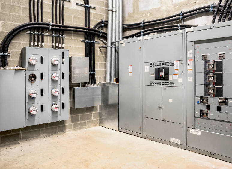 Utility meters and power panels in room