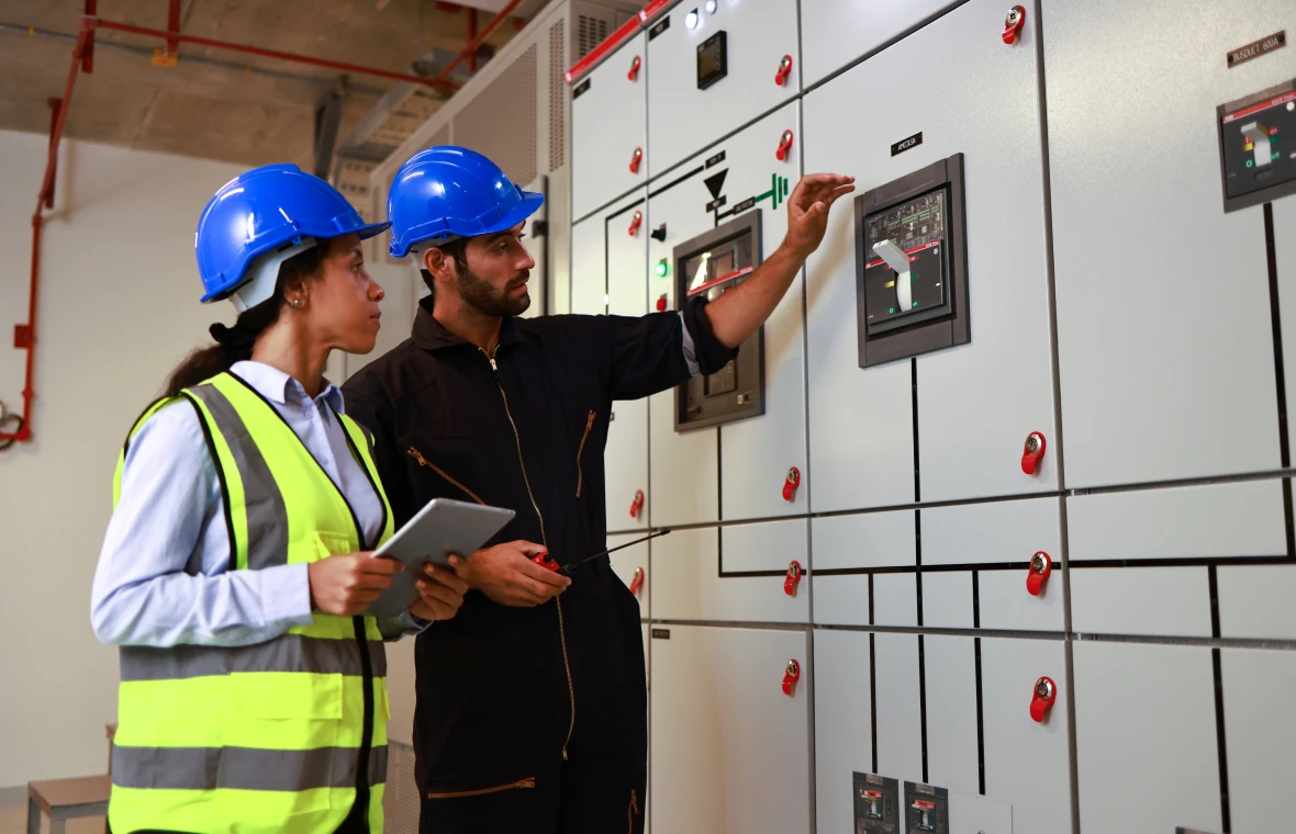 Workers in safety gear inspecting equipment