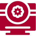 Red gear icon on black background