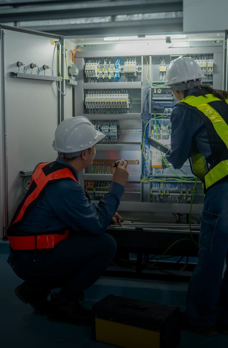 Technicians inspecting electrical panel