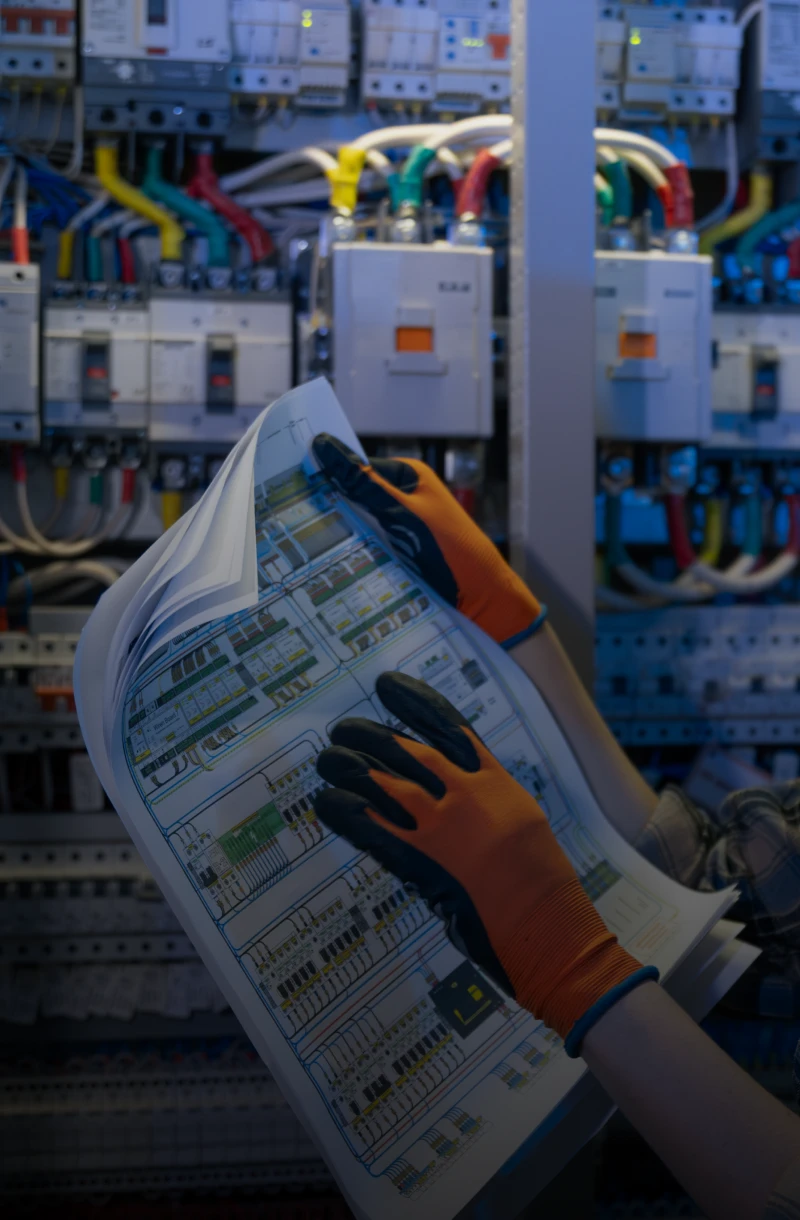 Technician examining electrical schematics in panel
