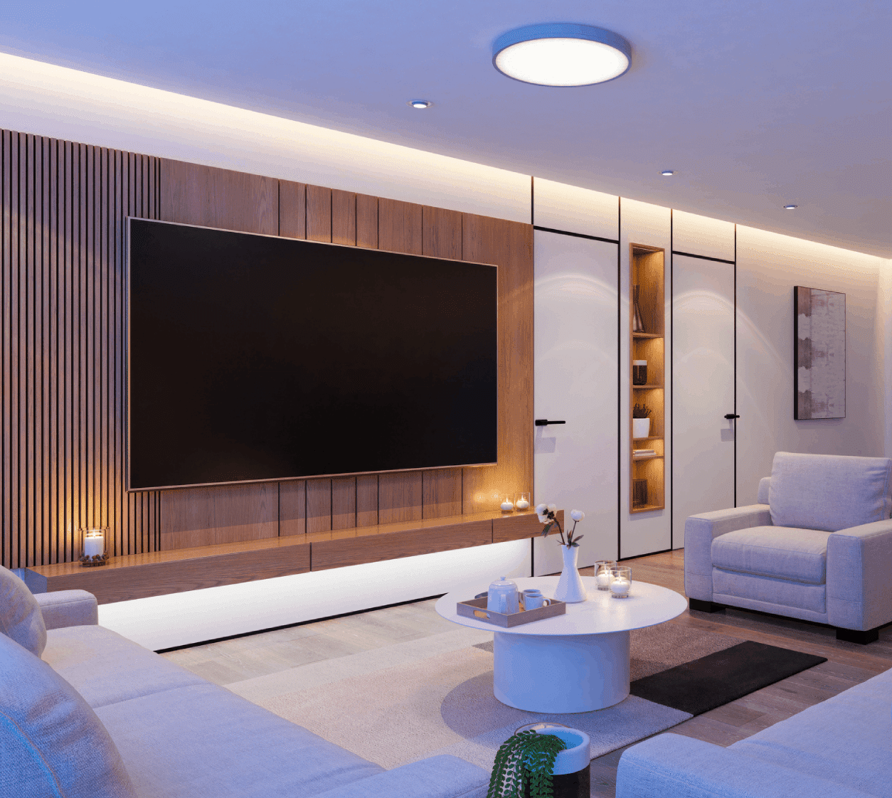 Modern living room with large TV display.
