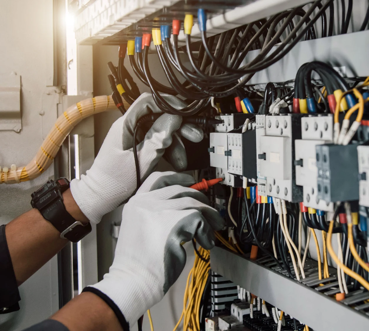 Electrician working on circuit breakers panel.