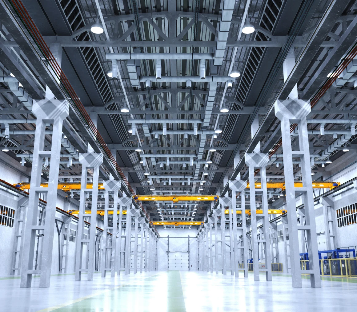 Spacious industrial warehouse with steel beams.